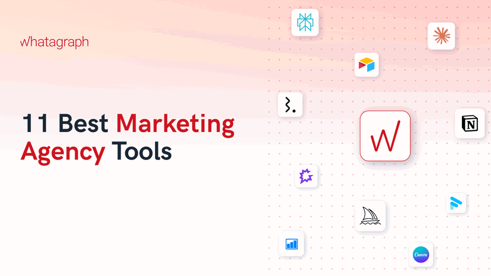 11 Best Marketing Agency Tools - A collage of app icons on a dotted background.