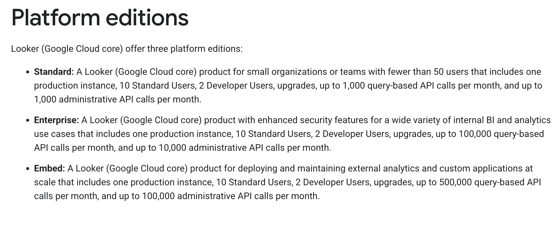 Platform - List of the three Looker platform editions.