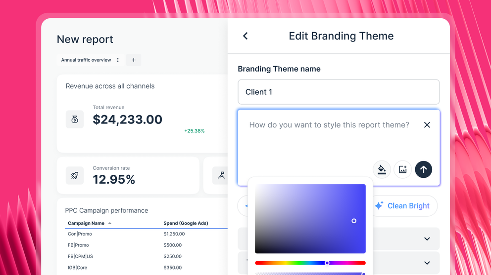 White Label Marketing Tools - Dashboard with report statistics and branding theme editor.