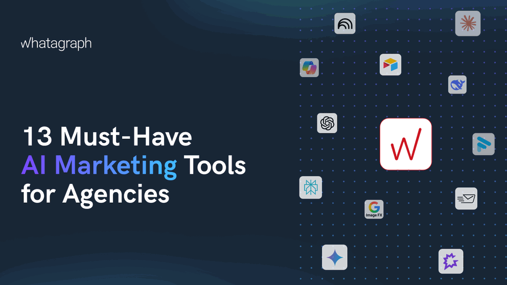 13 Must Have AI Marketing Tools For Agencies - A dark background with scattered tool logos.