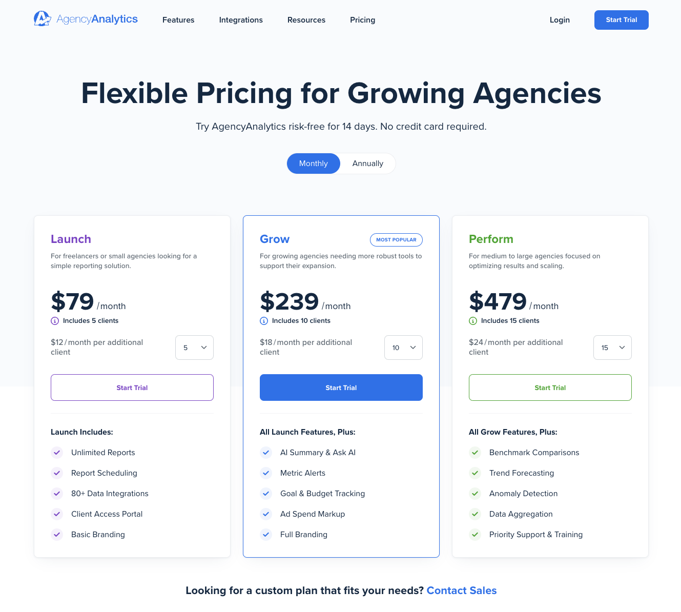 Pricing - Pricing tiers for AgencyAnalytics with different features.