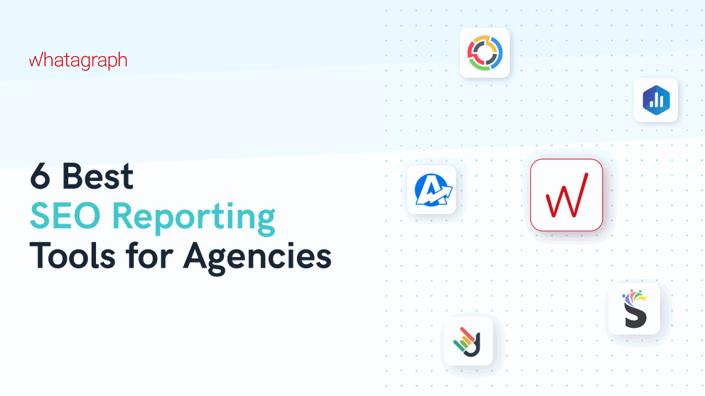 SEO Reporting Tools for Agencies - Title image with six software product logos on a dotted pattern background.