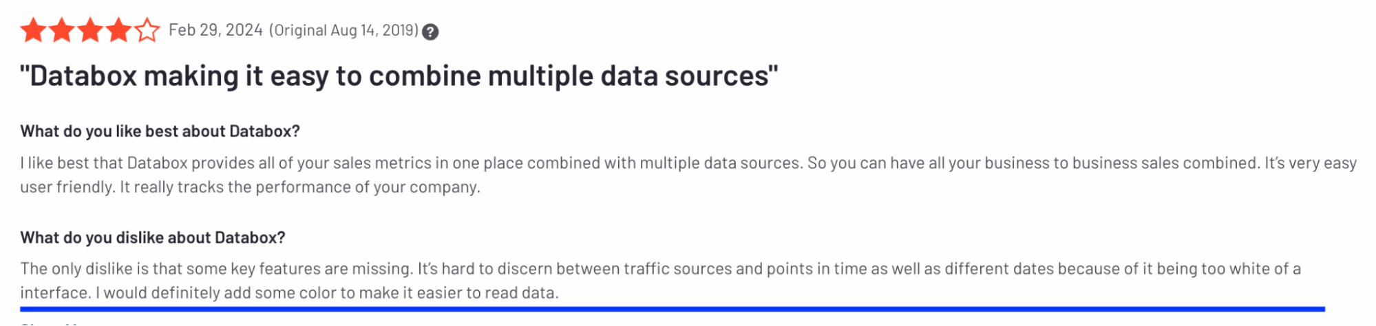 7 - Customer review with title, star rating, and Databox feedback.