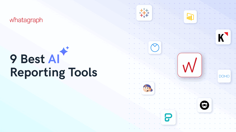 9 Best AI Reporting Tools - Title text on left, software icons arranged on dotted background on right.