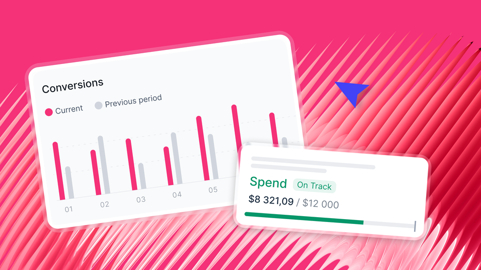 Marketing Reporting Software - Two dashboard panels with bar graphs and financial spend tracker.