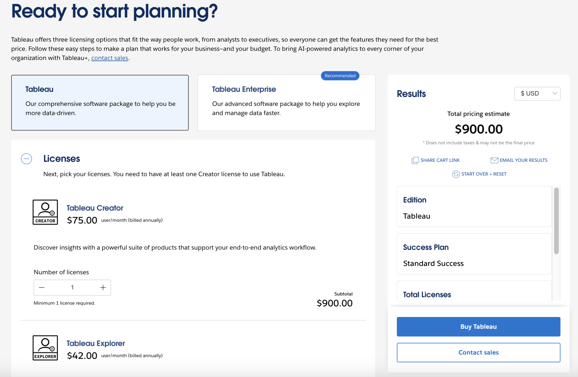 9 - Tableau pricing page for licensing, edition, and success plan.