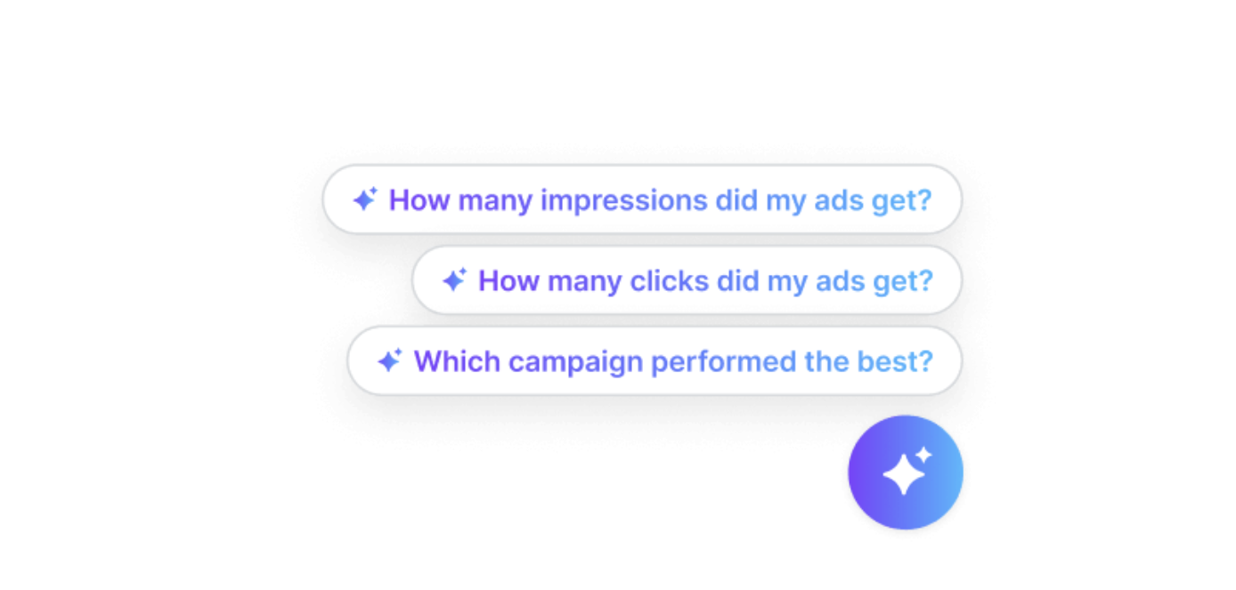 Cross-channel marketing report - AI Chatbot in Whatagraph - Three white buttons with ad metric questions and a chat icon.