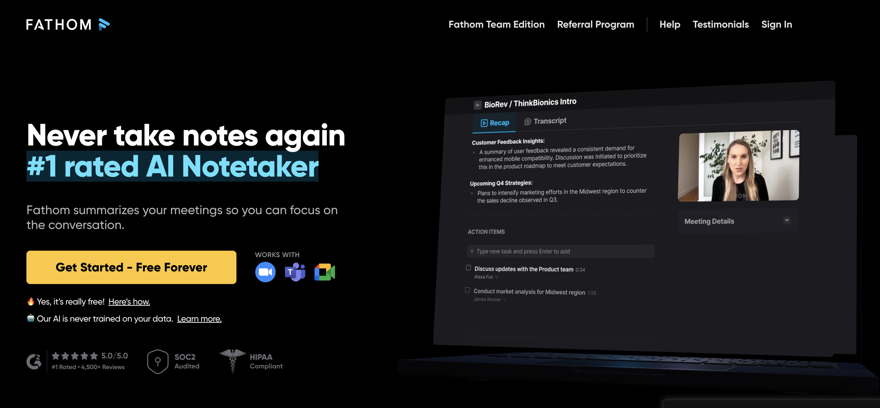 AI Marketing Tools - Fathom website with AI notetaker and partner logos.