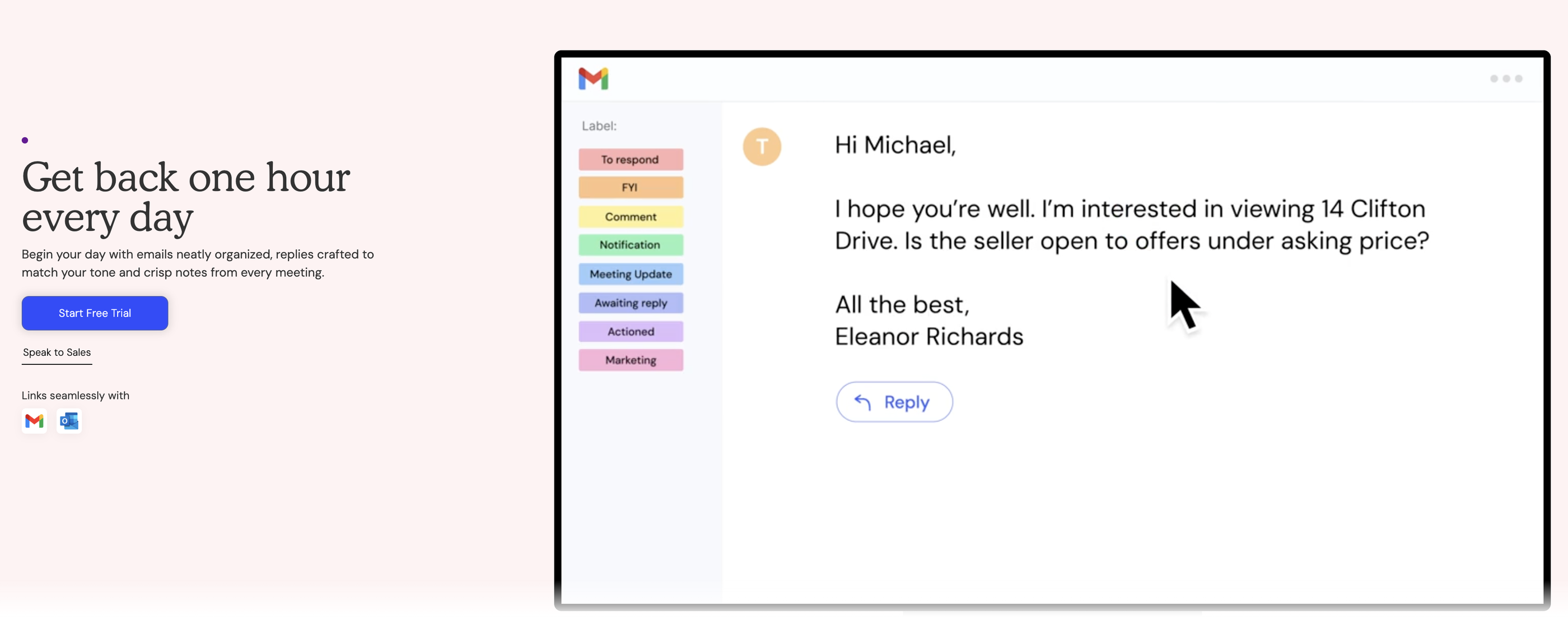 AI Marketing Tools - Email interface with label options and a reply button.