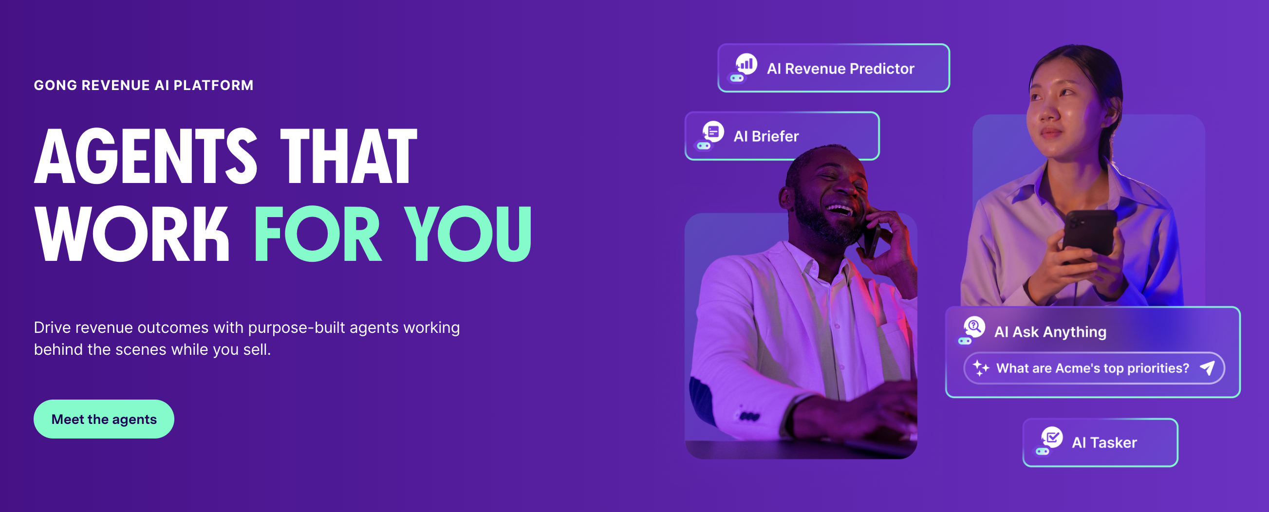 AI Marketing Tools - Gong website featuring AI agents to assist sales and marketing teams