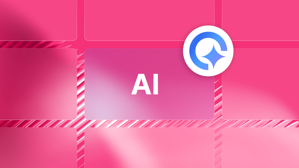 AI Report Generation - "AI" text on pink backdrop; logo in circle near the text.