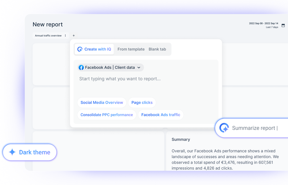 Whatagraph AI reporting tool - Interface for generating new report, featuring a create button and a dark theme toggle.