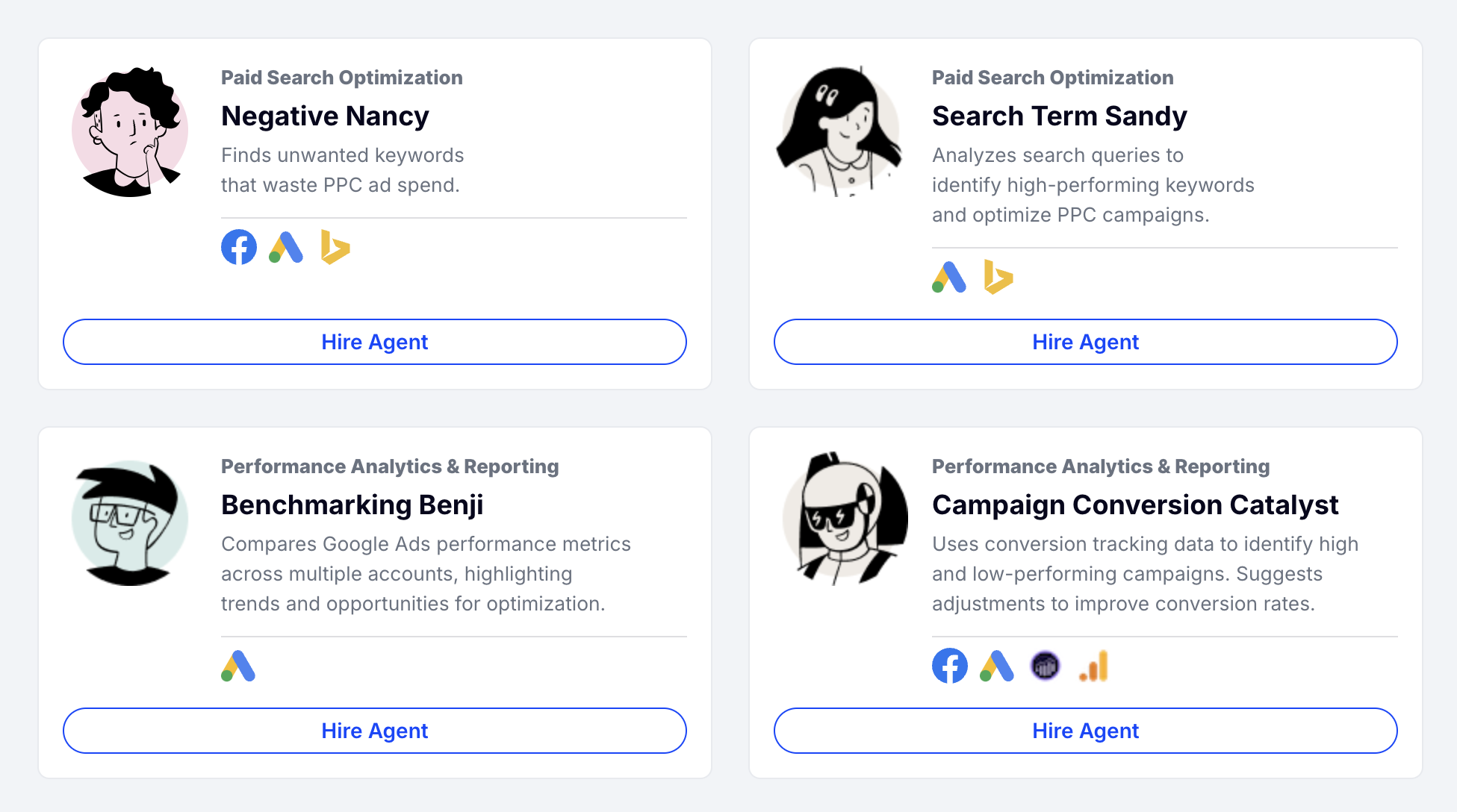 AI Reporting Tools - Four profile cards, each showing a cartoon agent and relevant keywords.