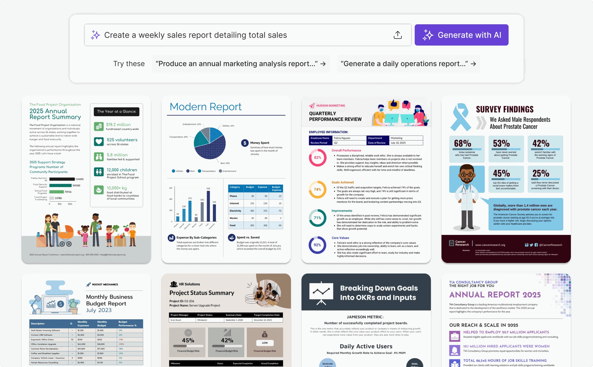 AI Reporting Tools - Collage of various business reports, charts, and graphs.