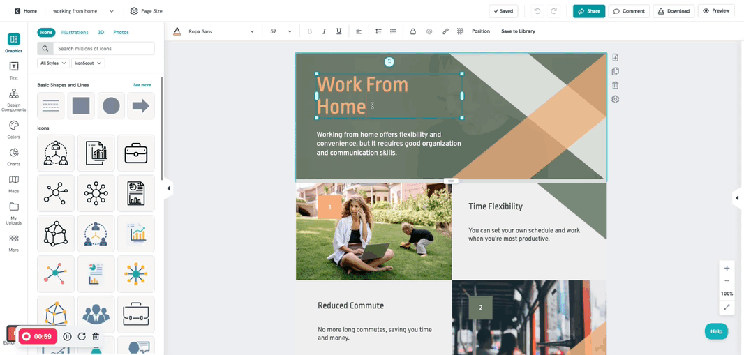 Here's my description of the image:

AI Reporting Tools - A design interface for creating a presentation on working from home