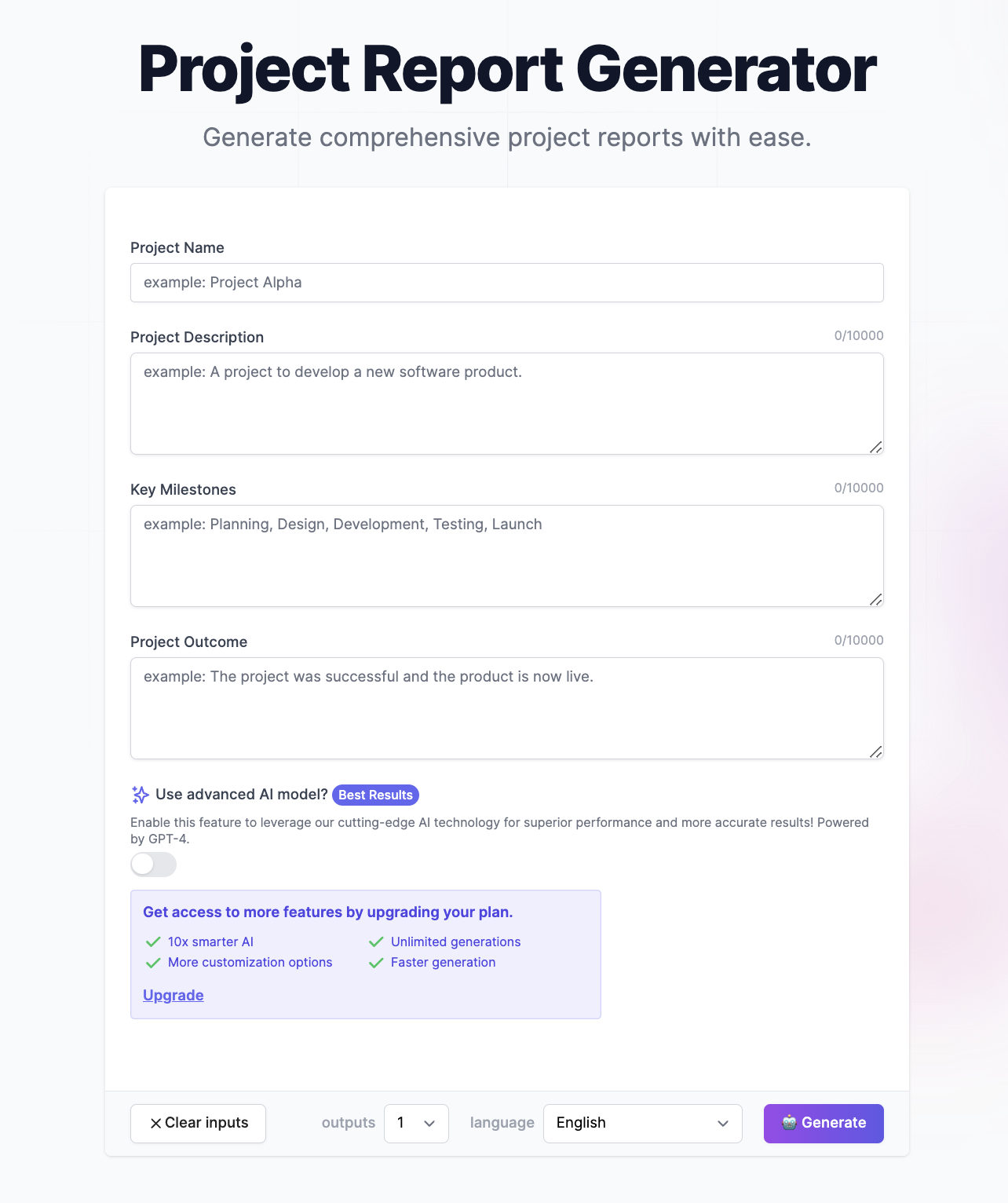 AI Reporting Tools - Project report generator form with input fields and upgrade prompt.