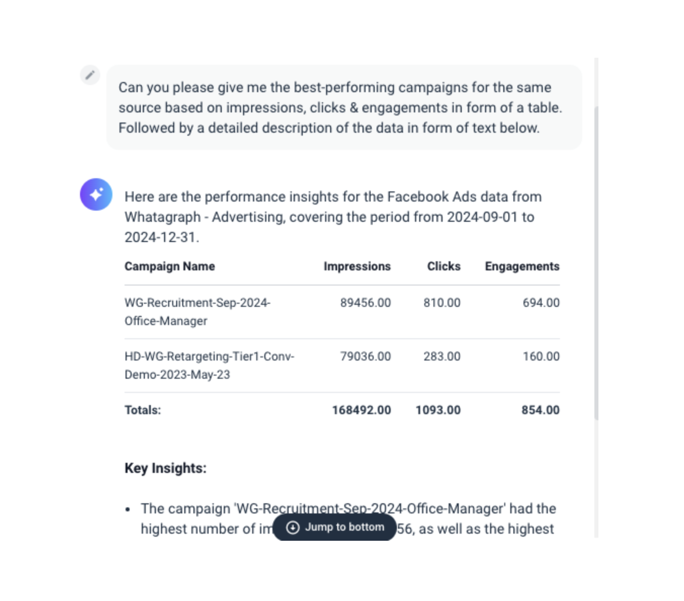 AI Reporting Tools - Performance data table with two campaigns and key insights.