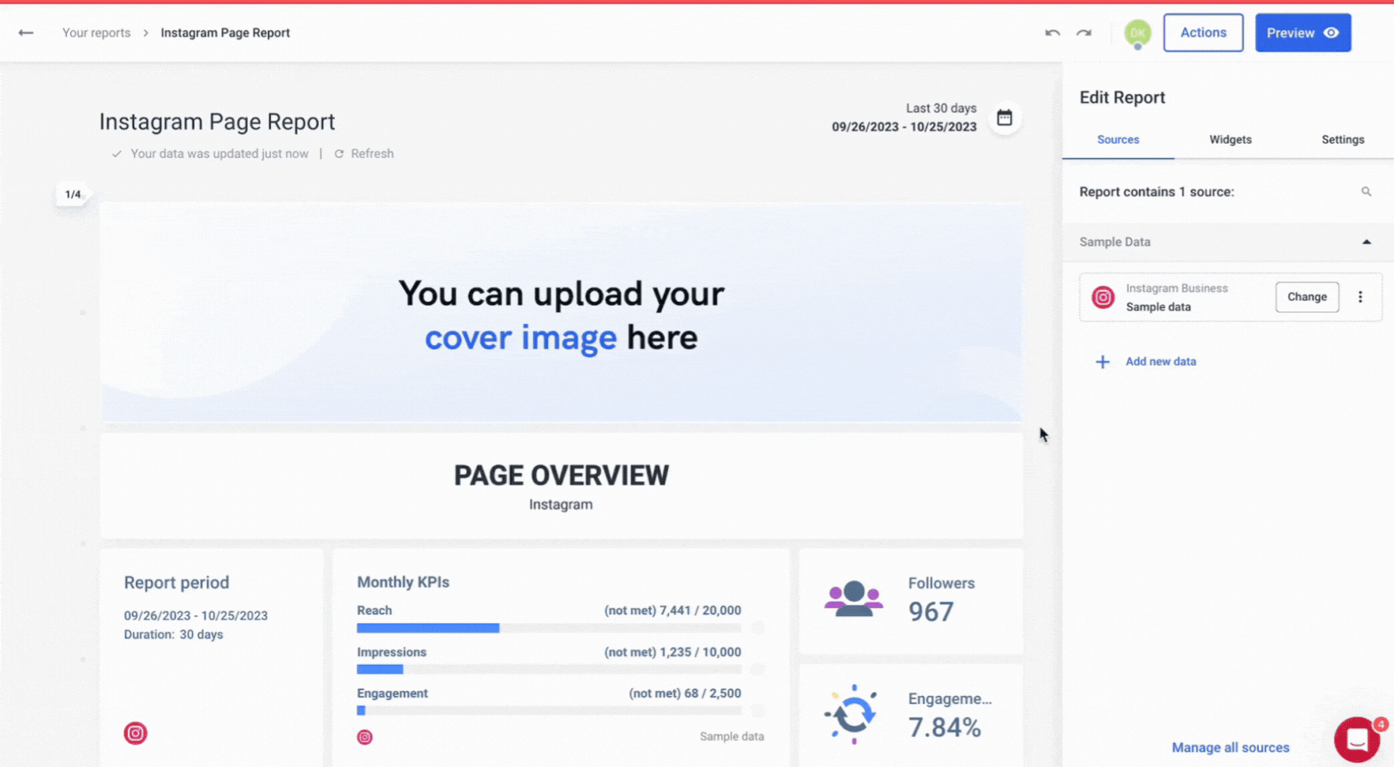 AI Reporting Tools - Dashboard with Instagram page report, edit panel, and KPI metrics.