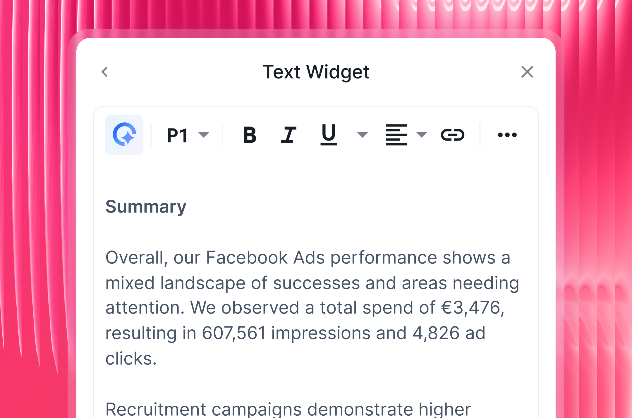 AI Summary Widget - Text editor interface with formatting options and a summary paragraph.
