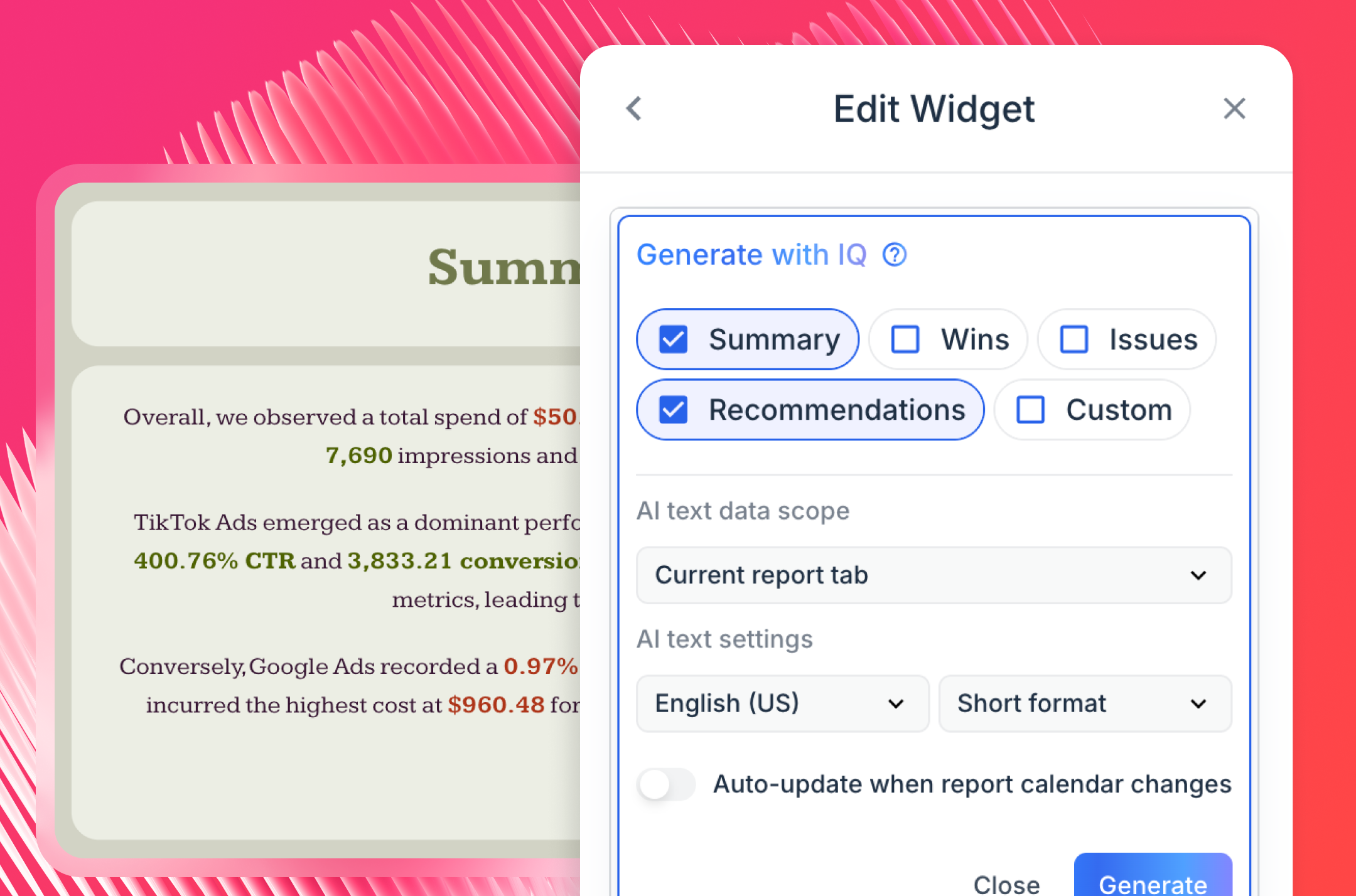 AI That Writes The Insights For You - Edit widget showing options to generate with AI.