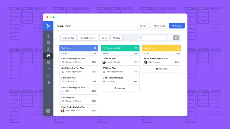 Activecampaign CRM - CRM interface showing deal stages: To Contact, In Contact With, and Follow Up.