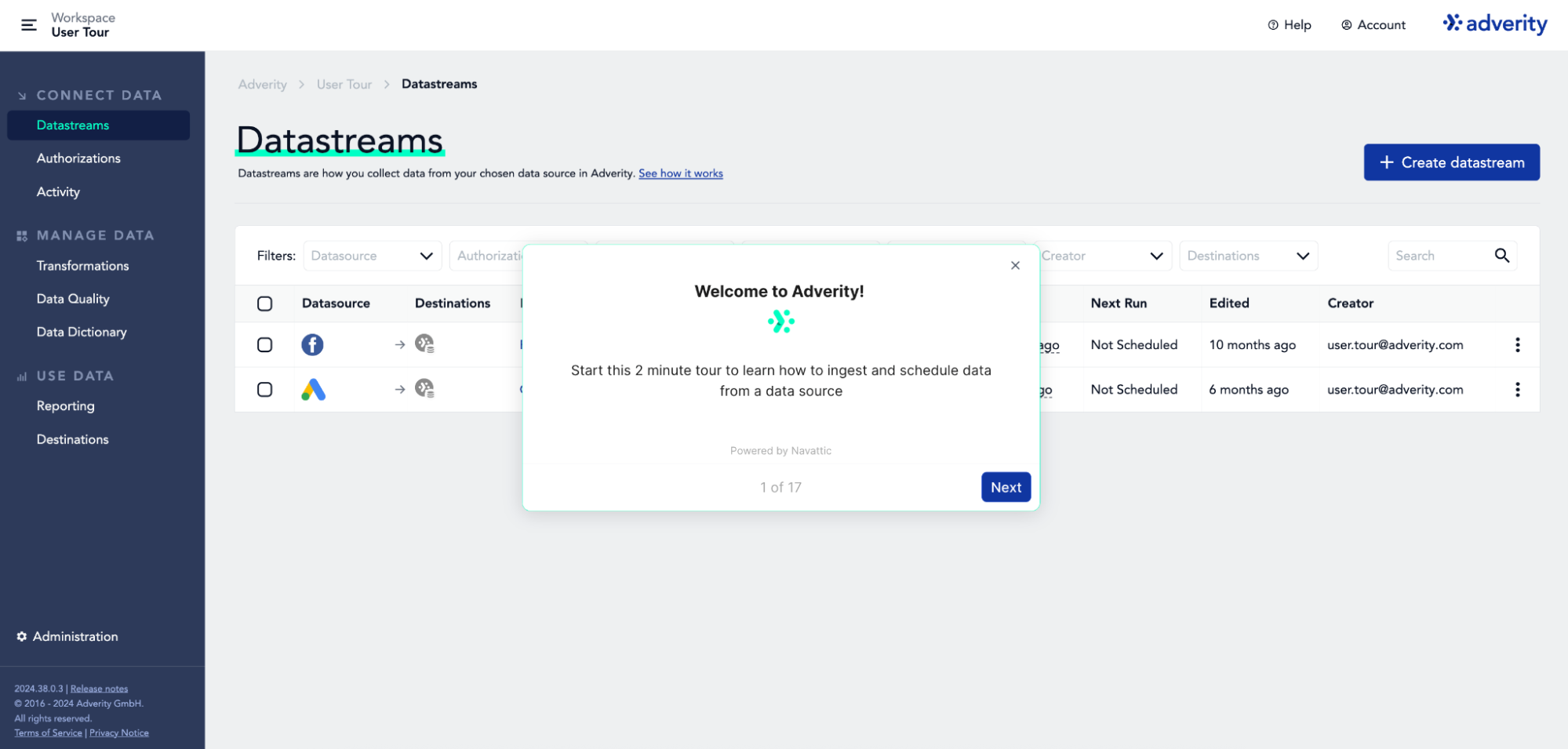 Adverity - Adverity user interface with data streams and a welcome tour popup.