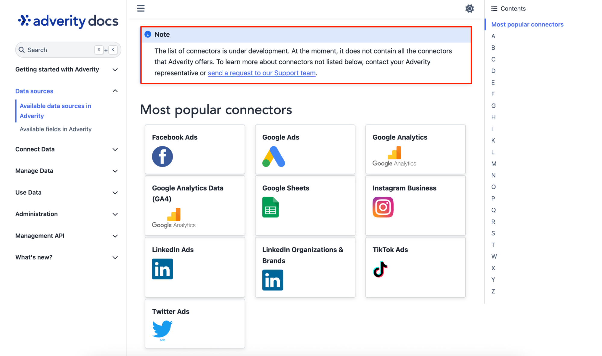 Adverity Docs - Documentation page with connectors like Facebook, Google, and LinkedIn.