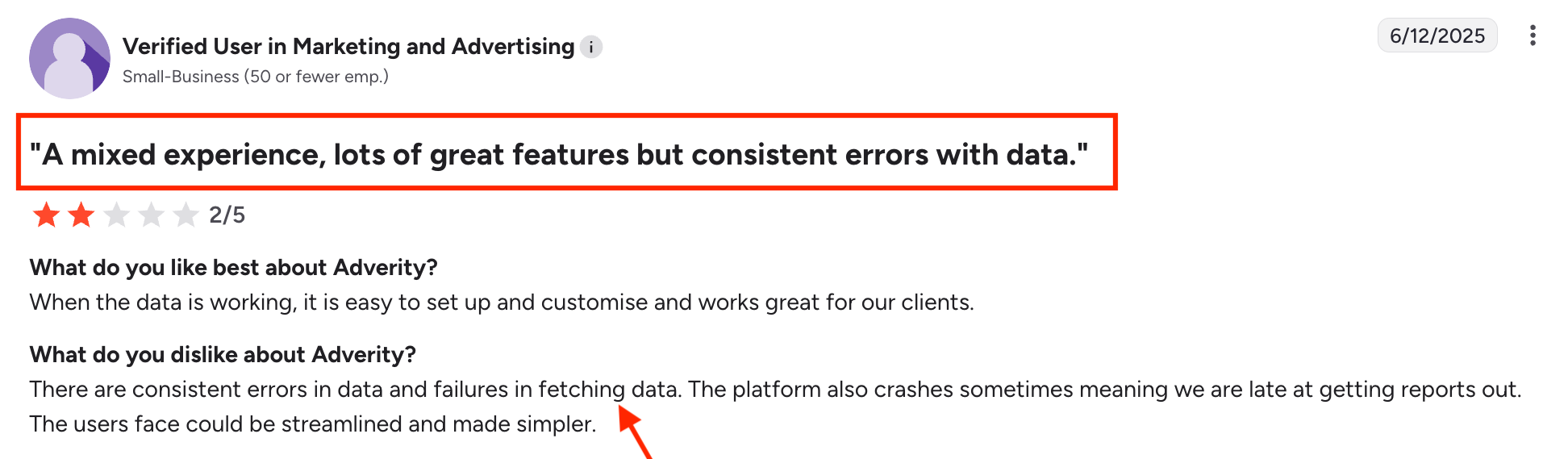 Adverity Negative Review - Review with 2/5 stars mentioning errors in fetching data.