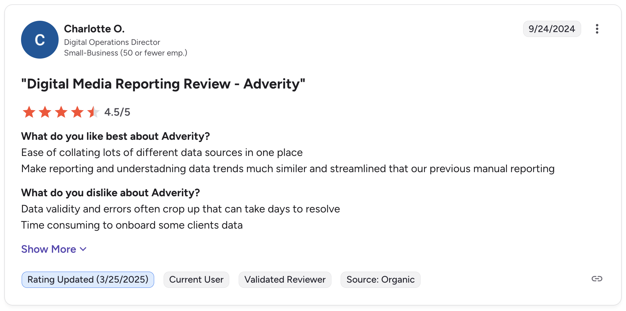 Adverity Negative Review - Screenshot of a customer review with a 4.5-star rating.