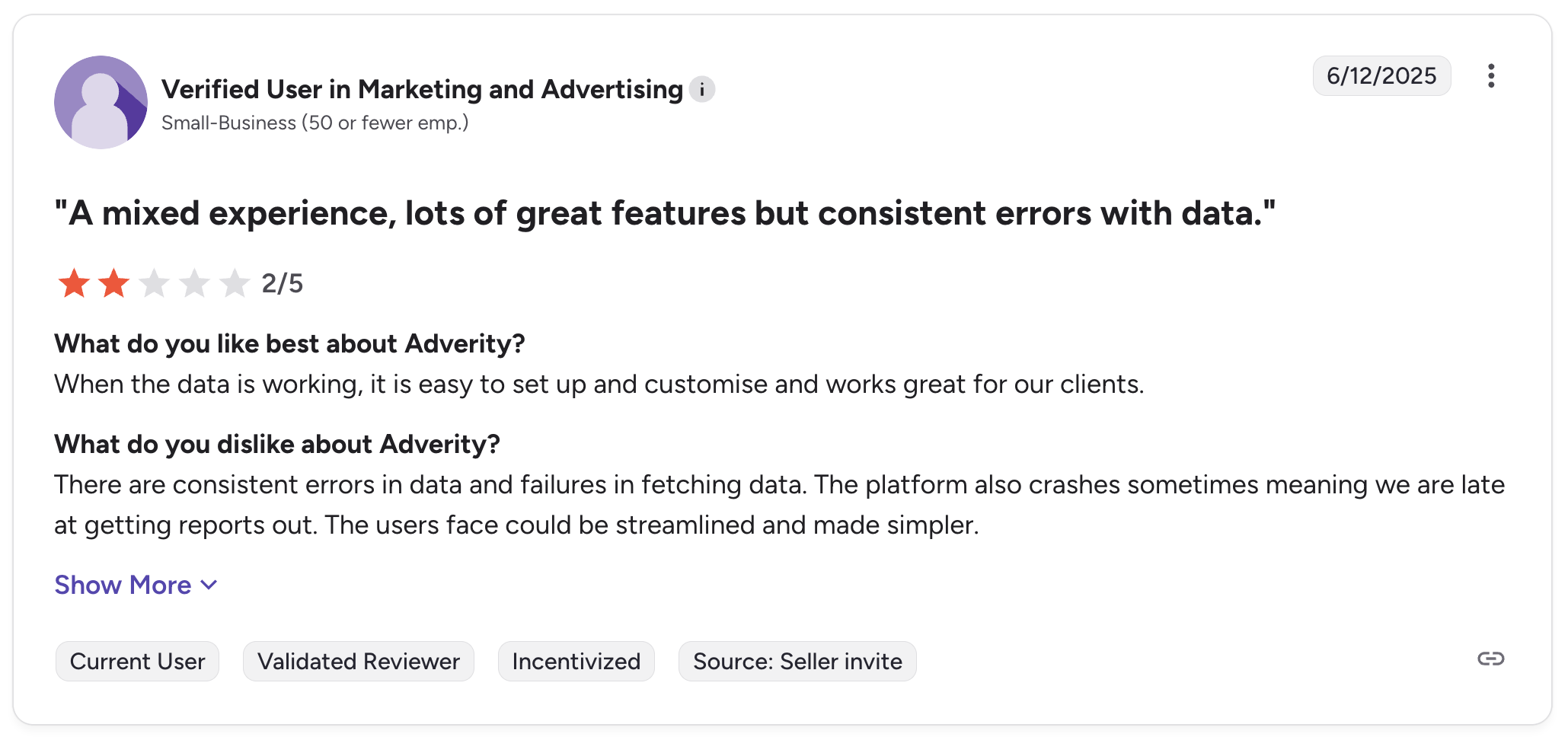 Adverity Negative Review - Review of Adverity with 2/5 stars, detailing data errors.
