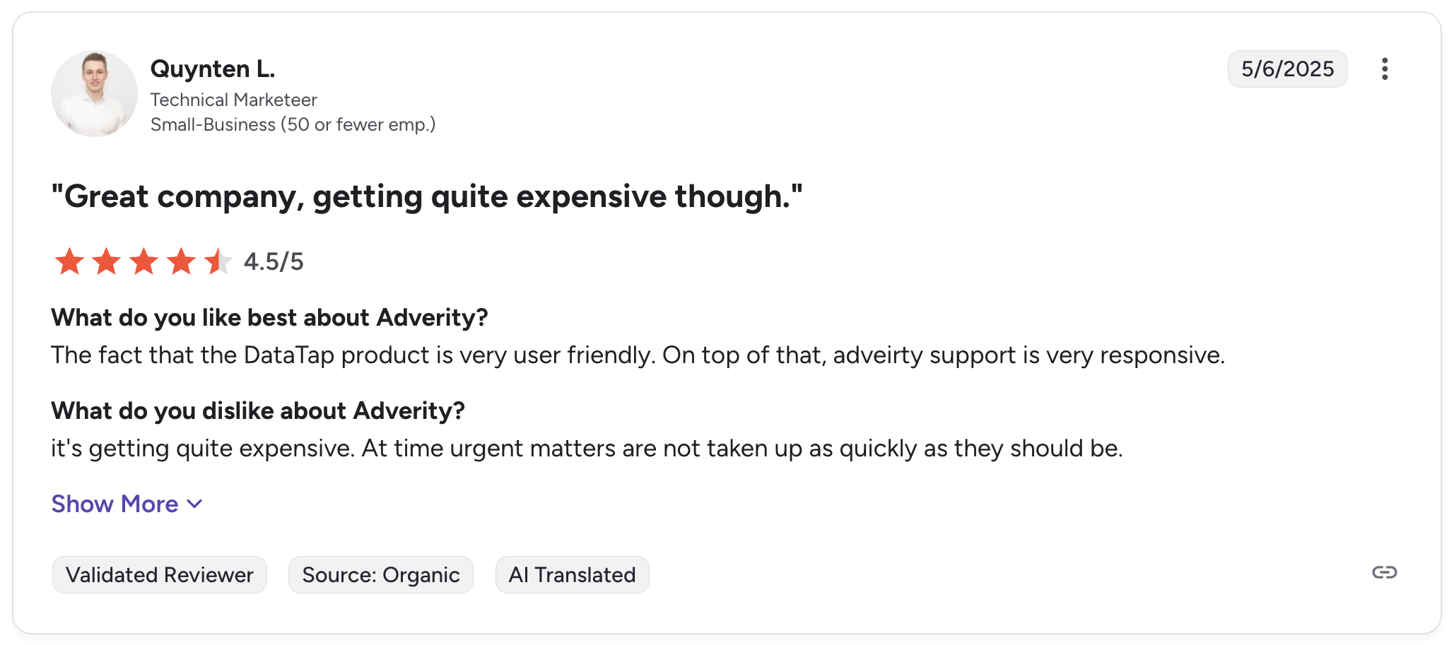 Adverity Negative Review - Customer review with a user profile and 4.5/5 rating.
