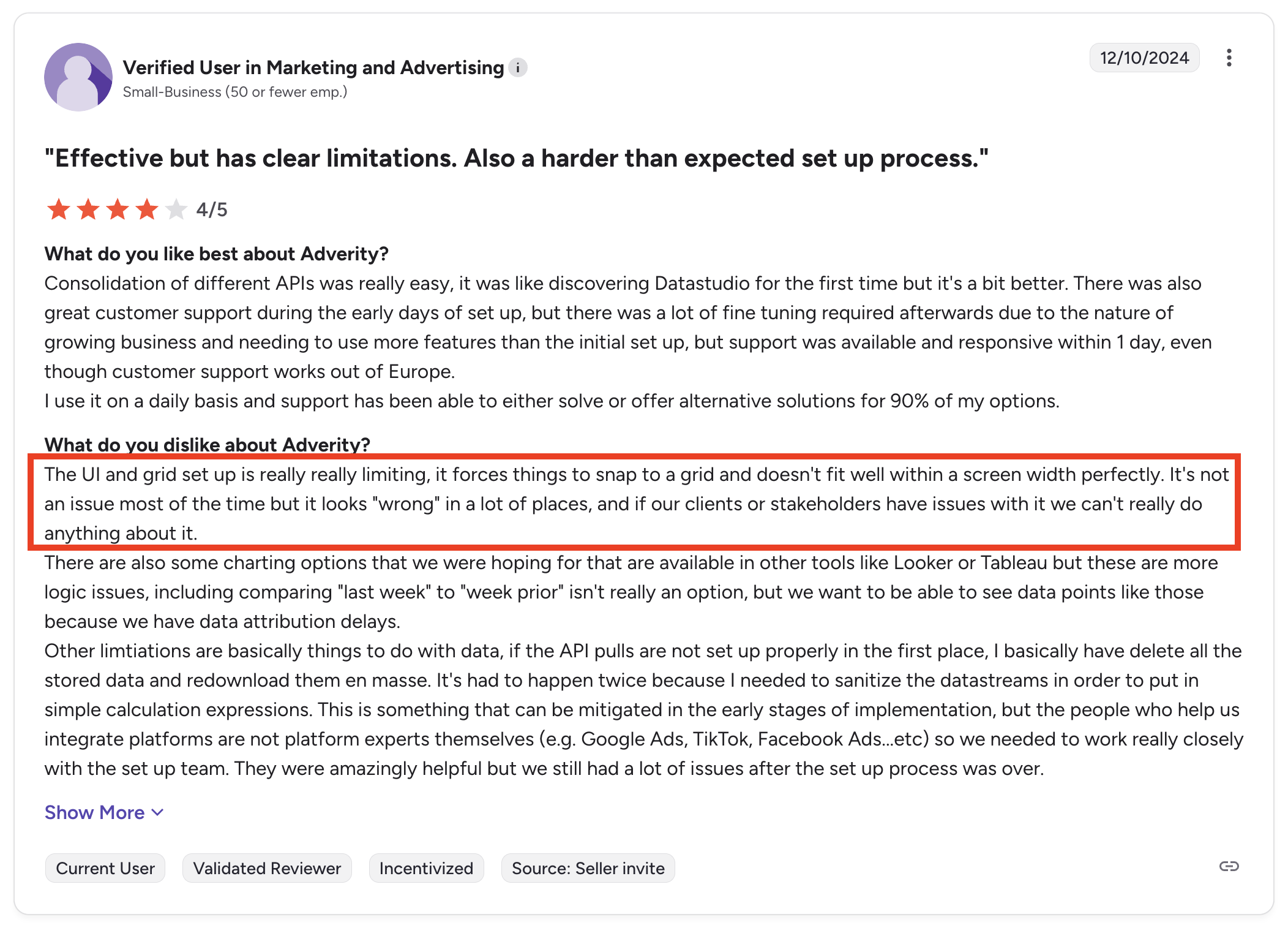 Adverity Negative Review - A text review is shown with an enclosed negative feedback section.