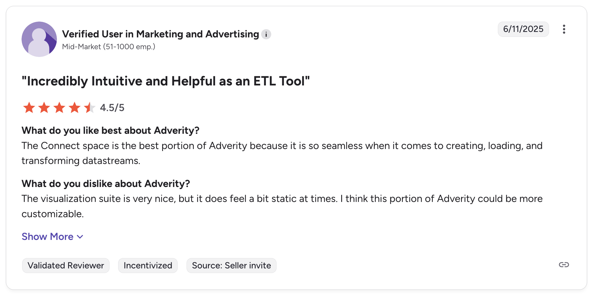 Adverity Negative Review - Online customer review with 4.5 stars, text, and user details.