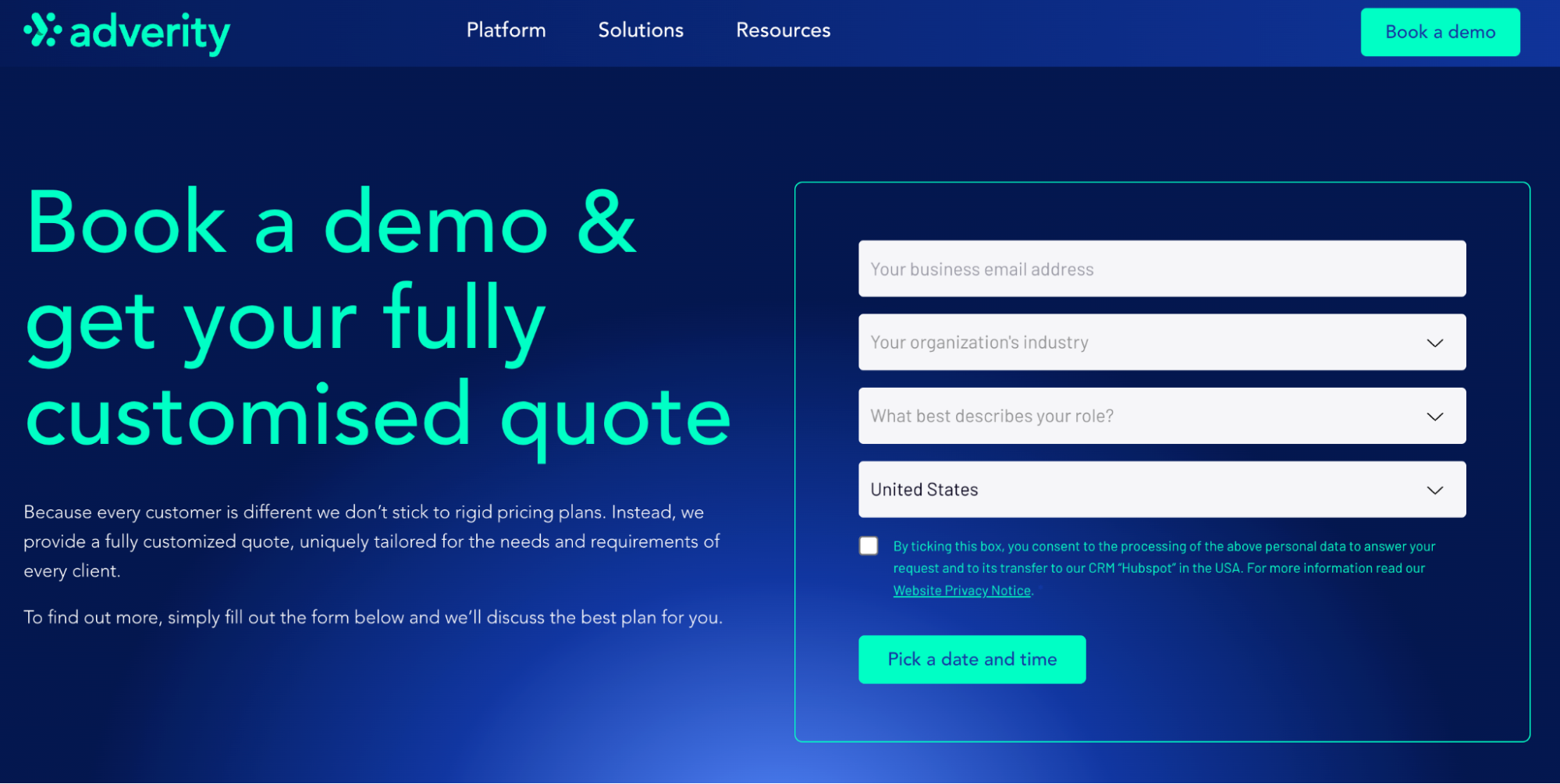 Adverity Pricing - A contact form with email, industry, role, and country fields.