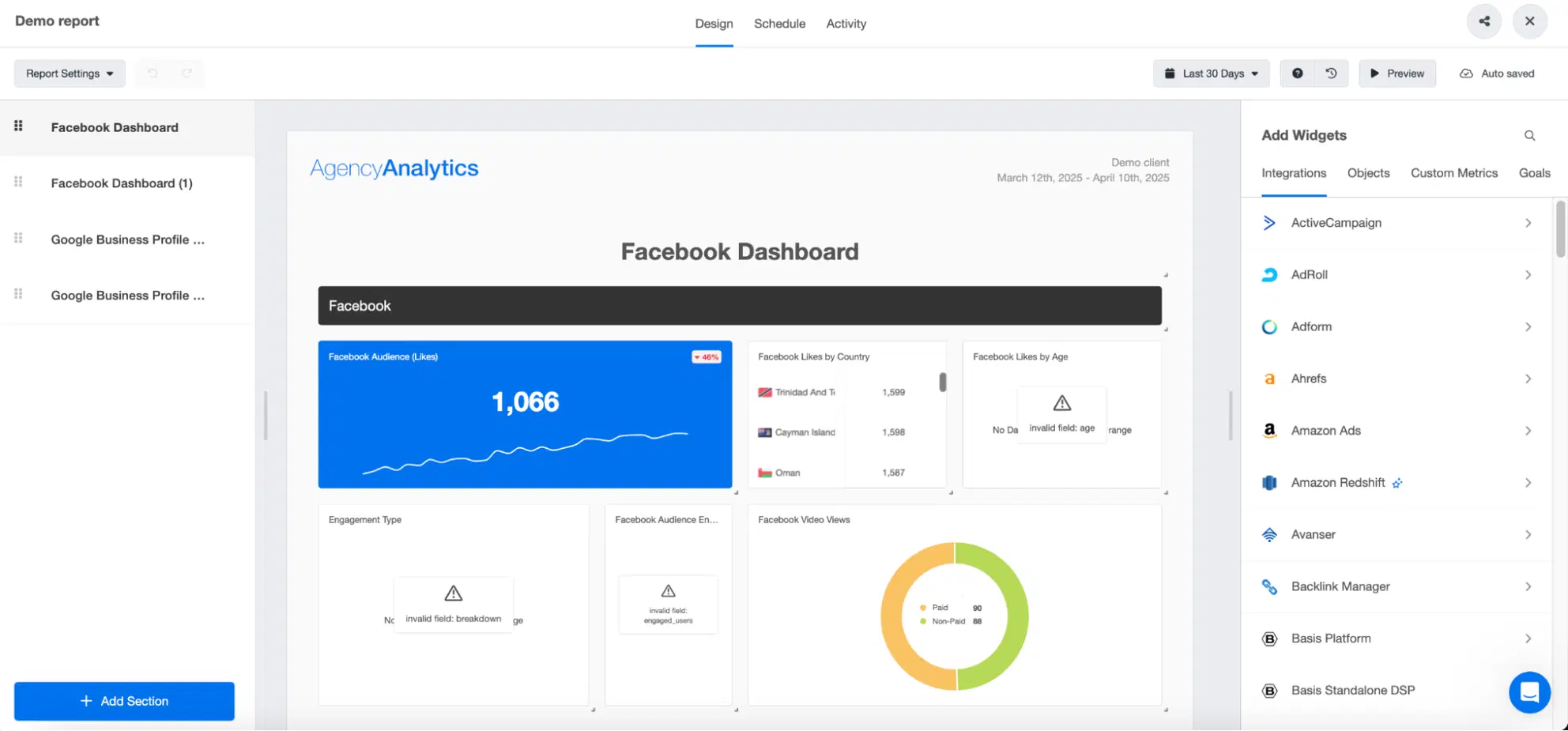 Agencyanalytics Dashboard - Dashboard view with widgets for Facebook analytics and account settings.