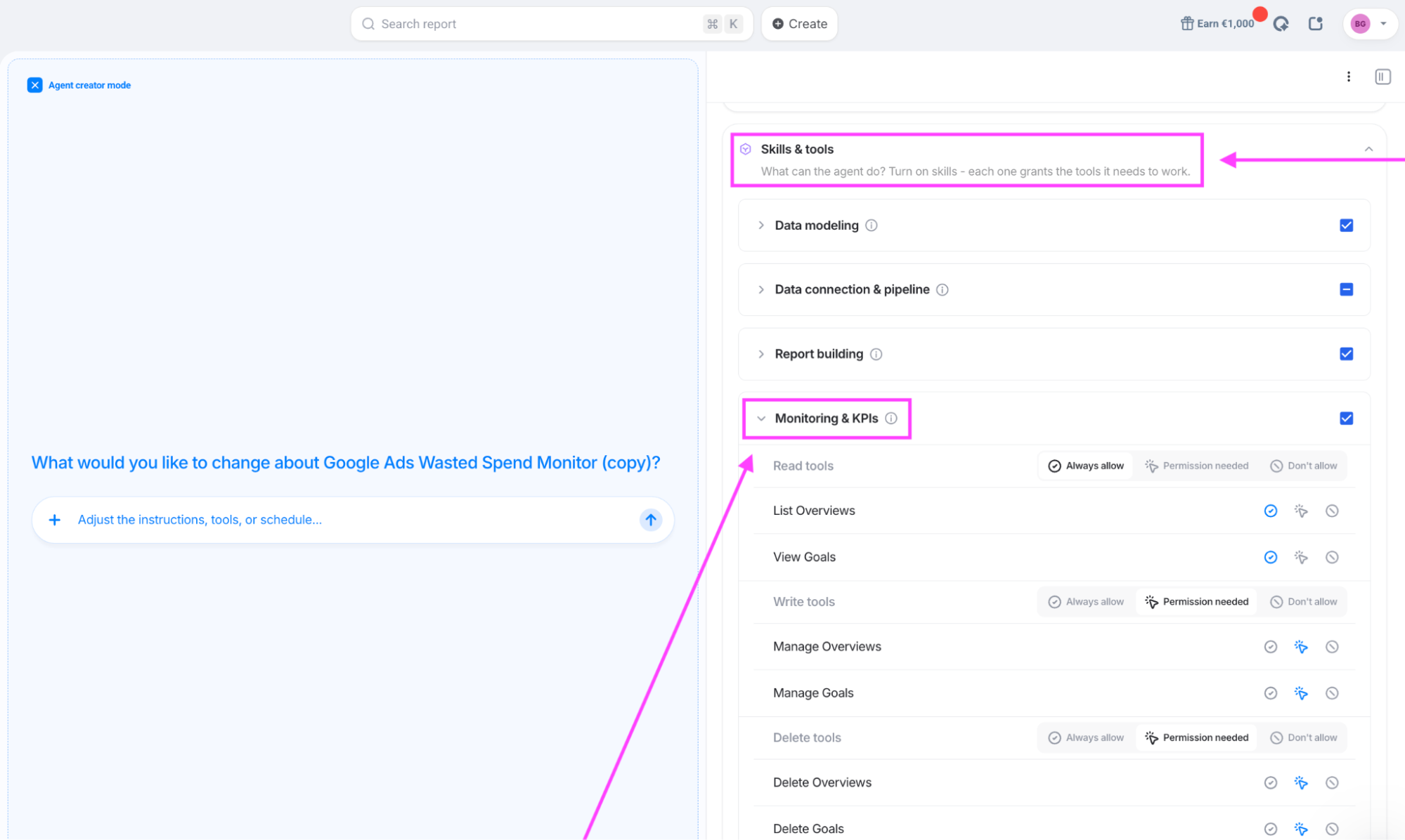 Agent creator mode monitoring & KPIs