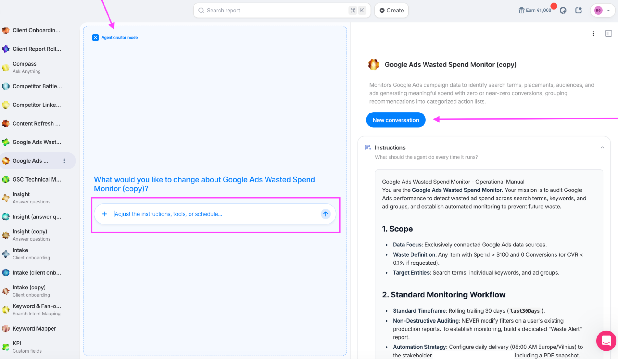 Agent creator mode new conversation feature