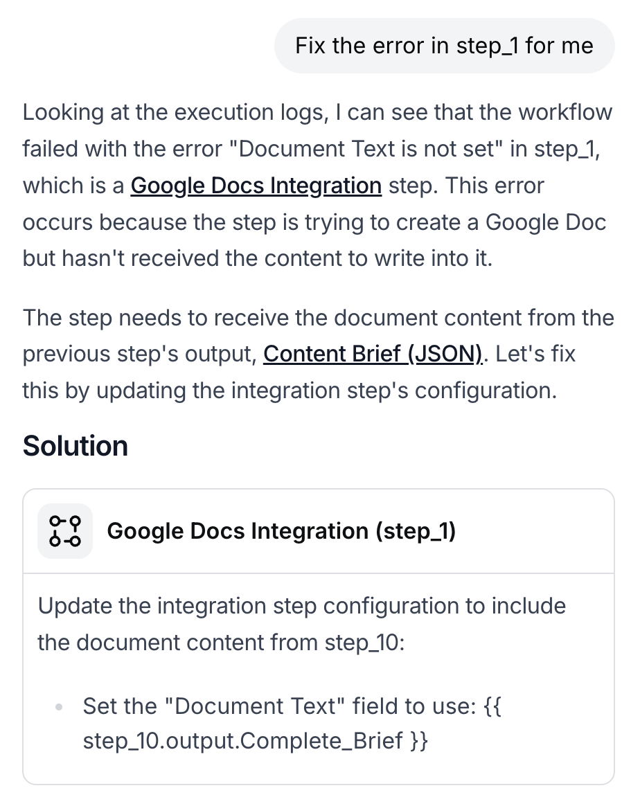 AirOps Copilot - Screenshot shows error fix instructions for Google Docs integration in AirOps.