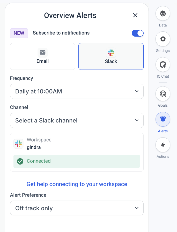 Alerts - Alert settings interface with frequency and Slack channel options.