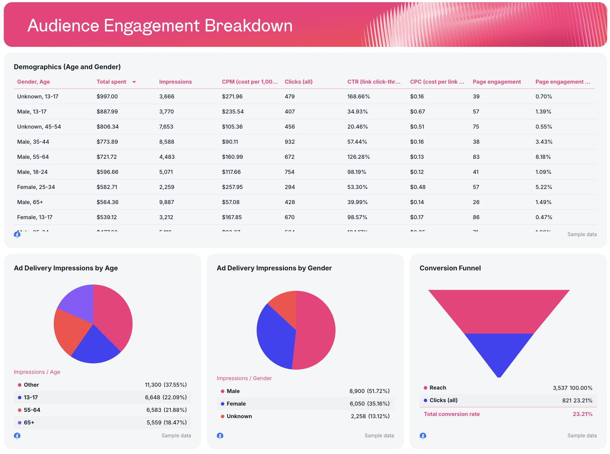 Audience Engagement Breakdown - Marketing report with charts and tables displaying audience demographics and conversion funnel.