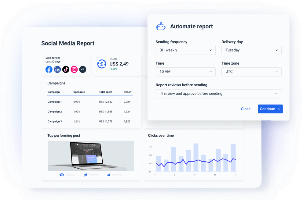 Automate How You Share Social Media Reports - A dashboard interface with a report automation popup.