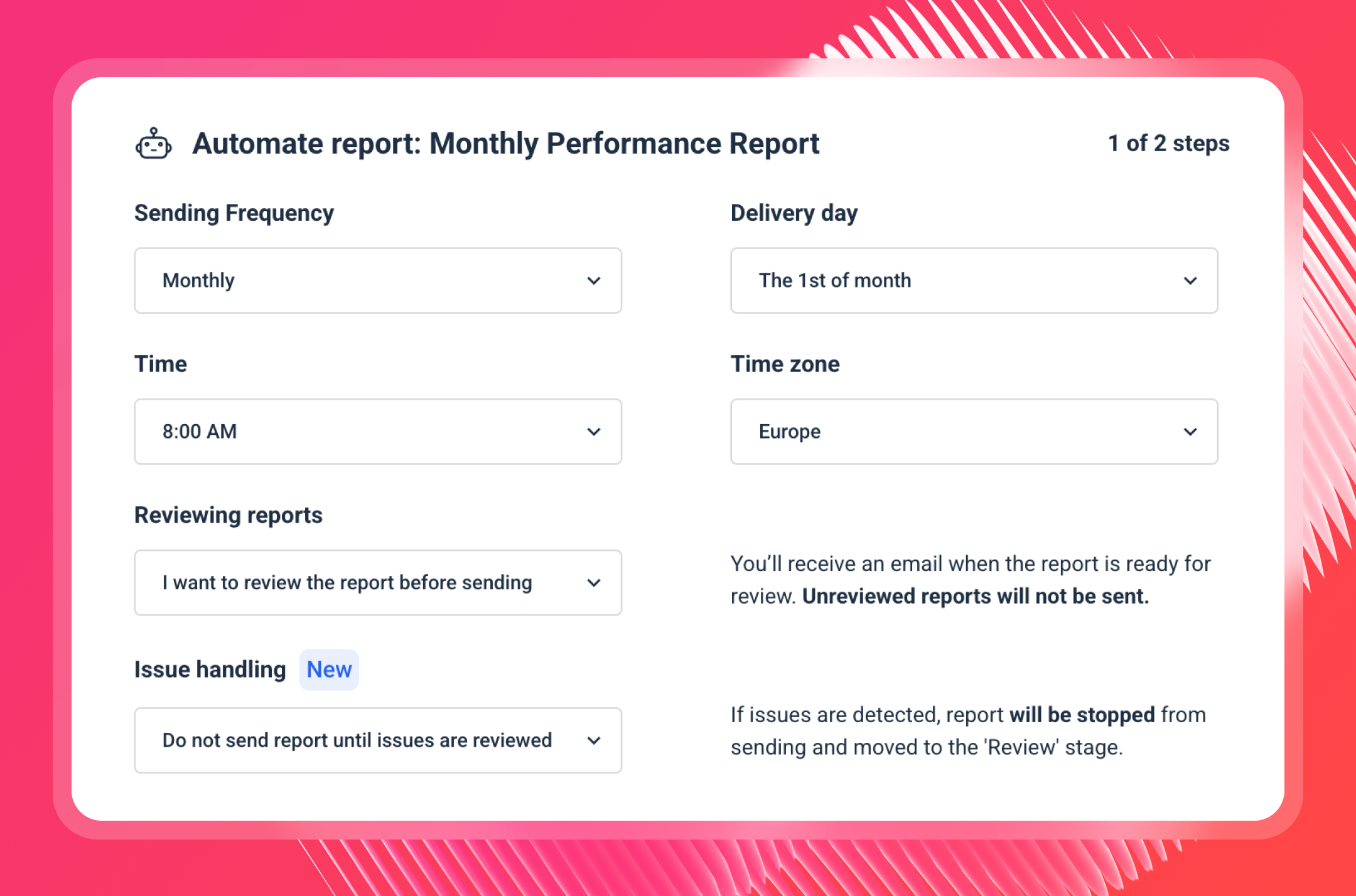 Automated Reporting That Runs Itself - A configuration panel with drop-down menus for scheduling a monthly performance report.