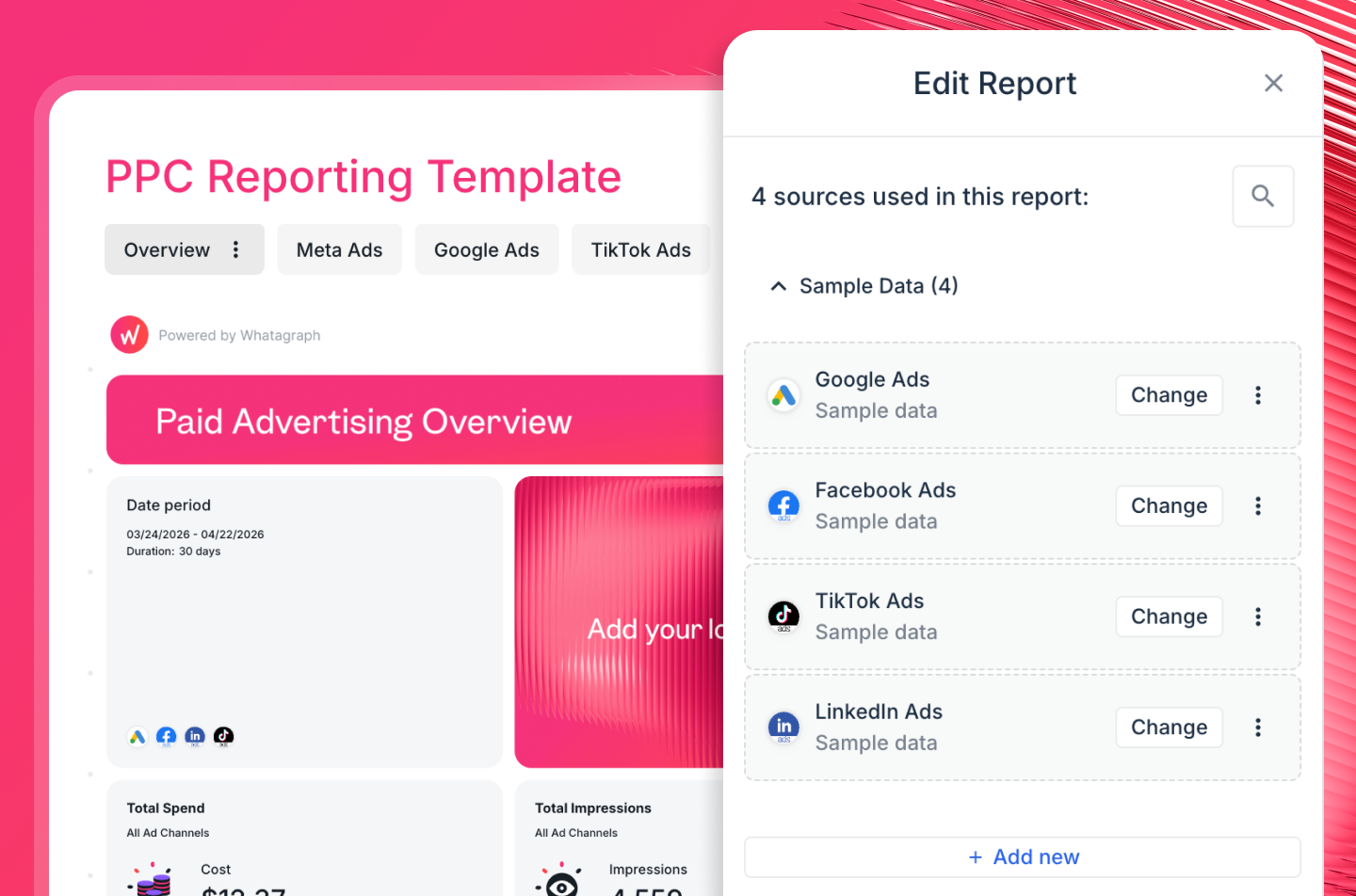 PPC Reporting Tool - A dashboard with ads and report editing options.