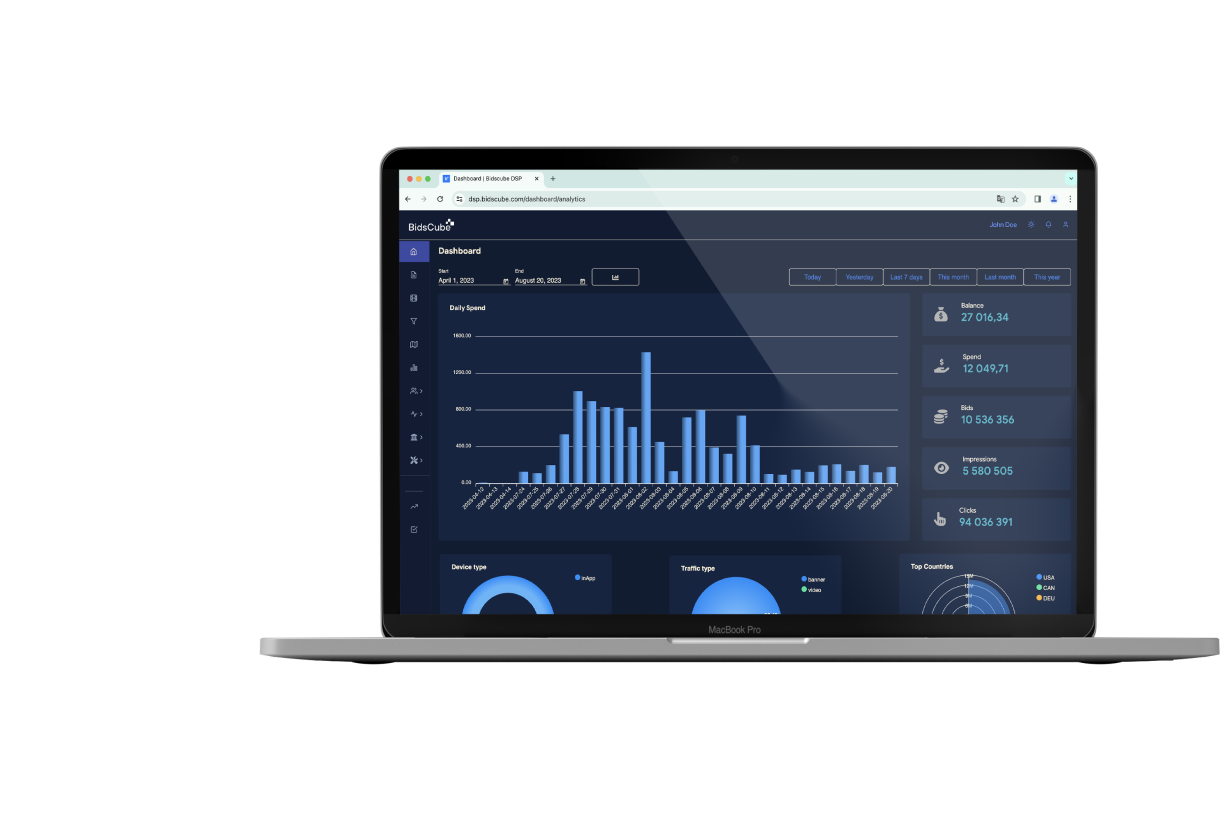 BidsCube - Laptop screen displays a dashboard with graphs, charts, and metrics.