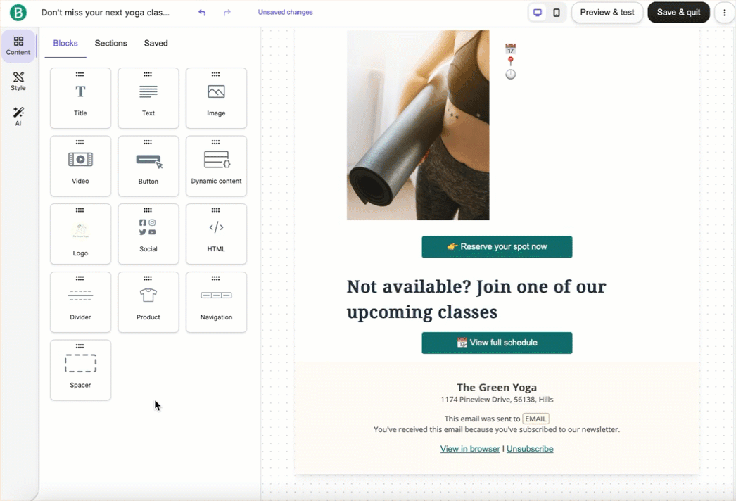 Brevo Data Feed - Email builder interface with blocks, sections, and yoga image.