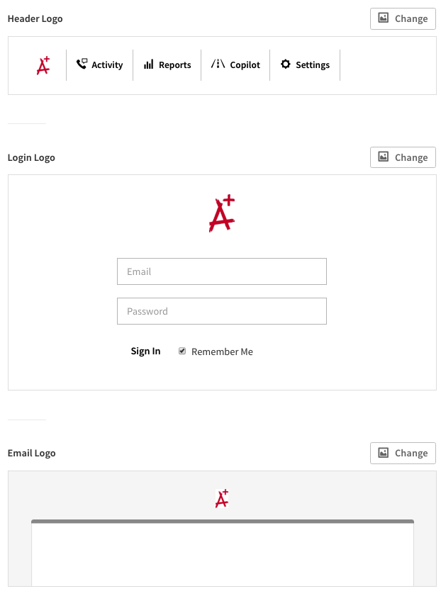 Call Rail - Login page with logo, email and password fields, and settings page.