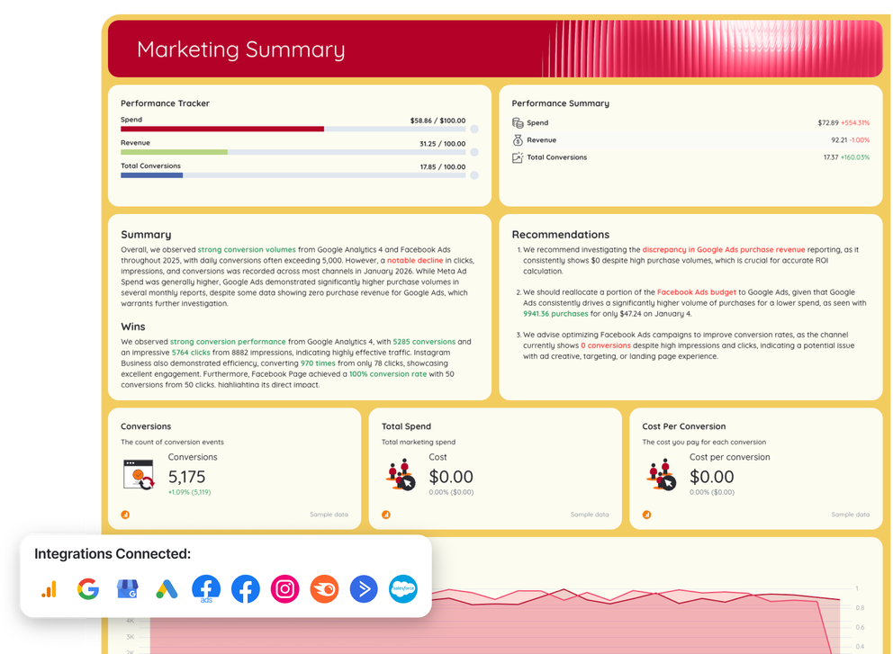 Client Reporting Template - Marketing report with charts, graphs and performance metrics