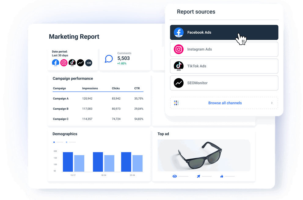 Easily combine Facebook Ads with data from other sources in one Facebook Ads Reporting Tool