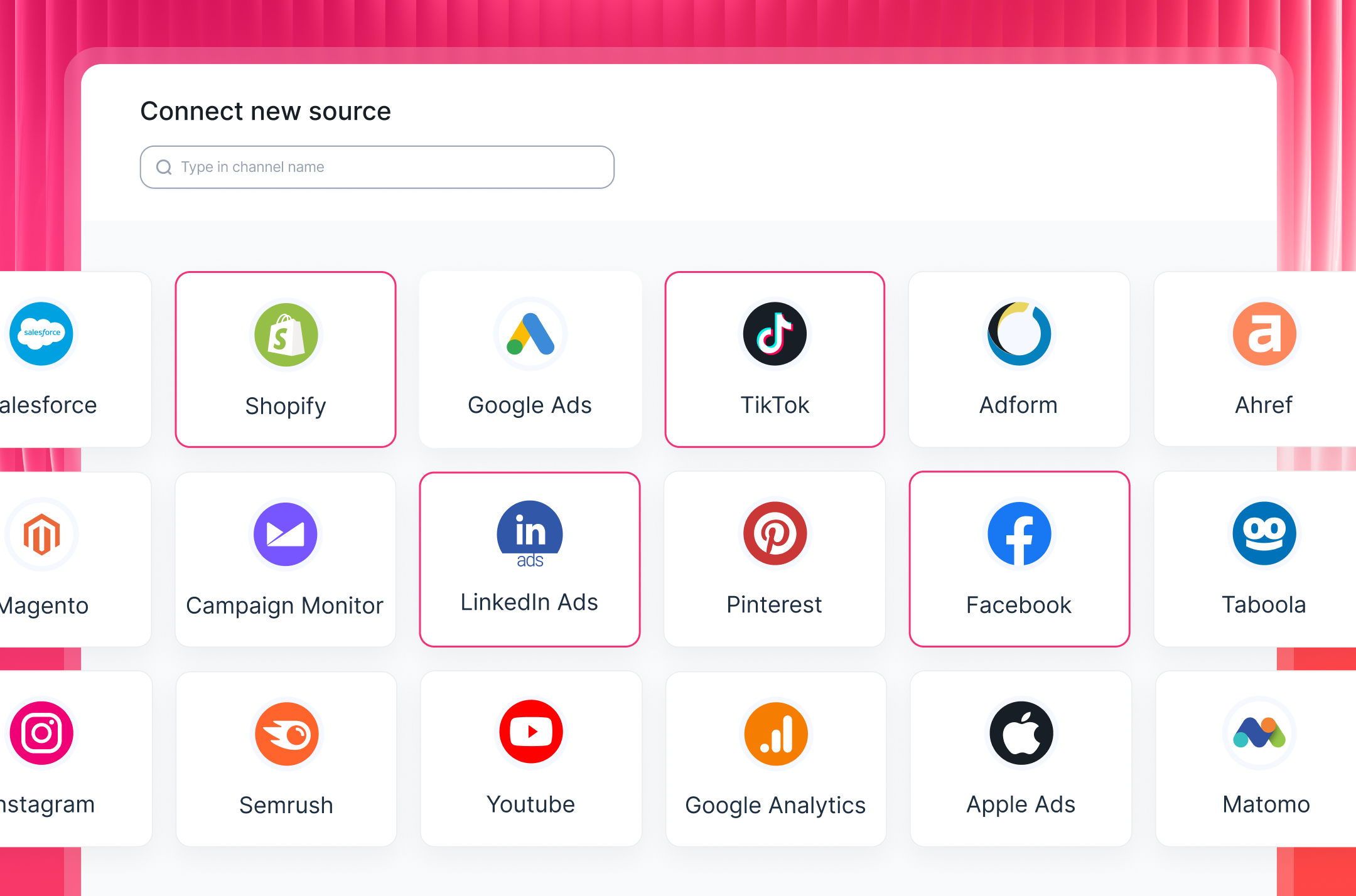 Connect Data Sources - Selection of marketing data sources shown on the screen.