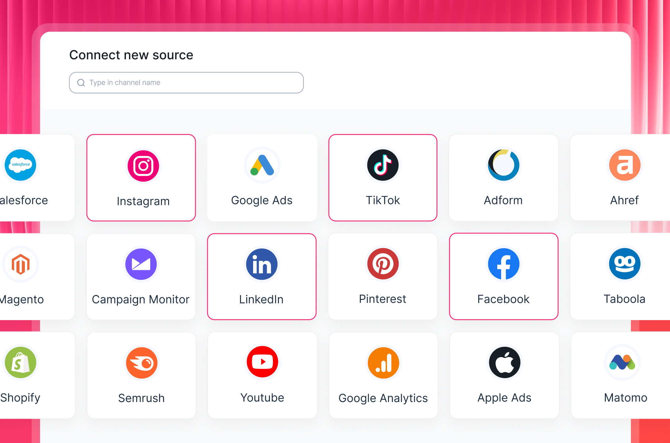Connect Data Sources - A marketing platform interface with various app logos.
